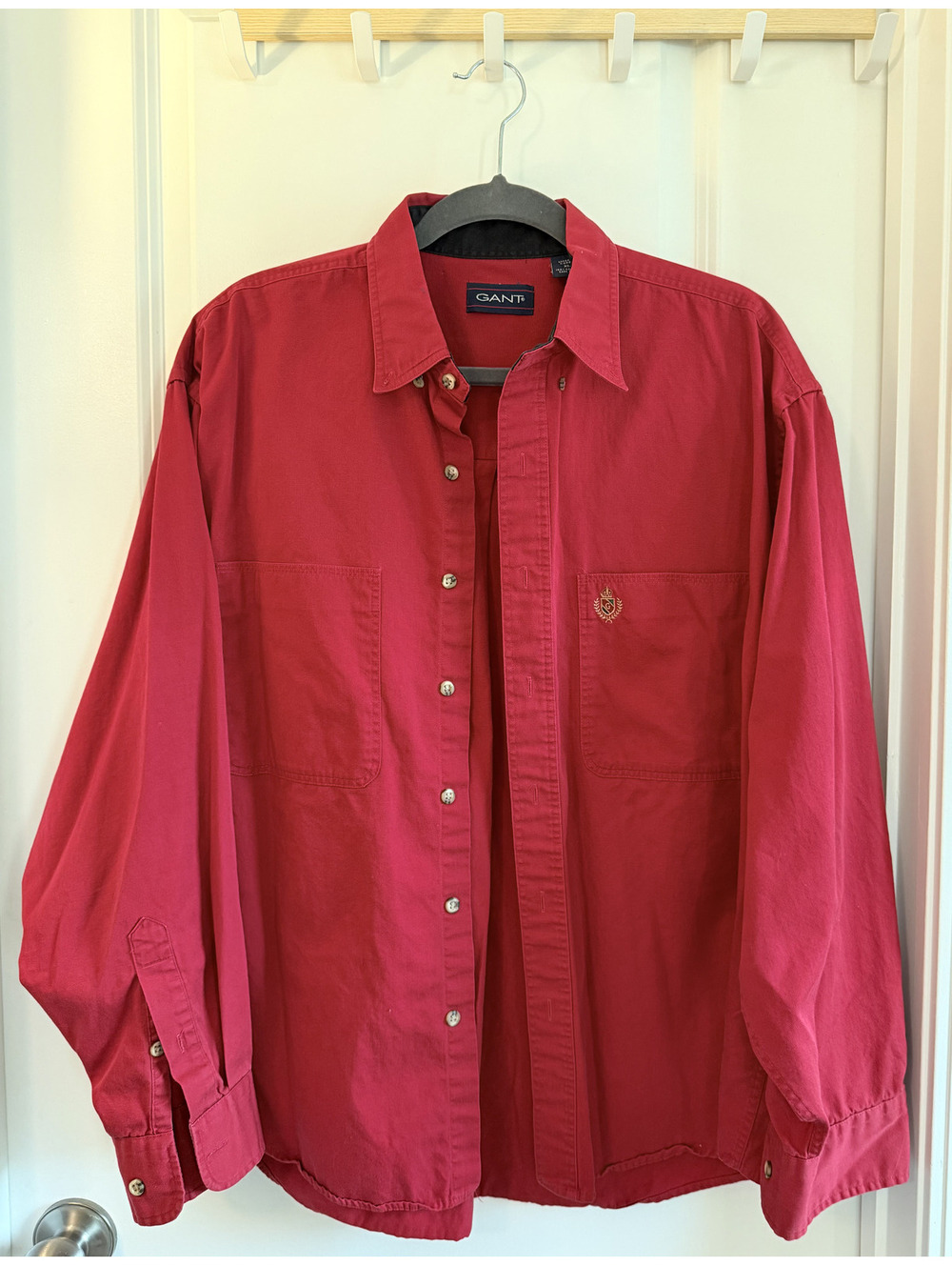Vintage Gant Men's Red Button-Down Shirt - Embroidered Crest Preppy ,Ivy League